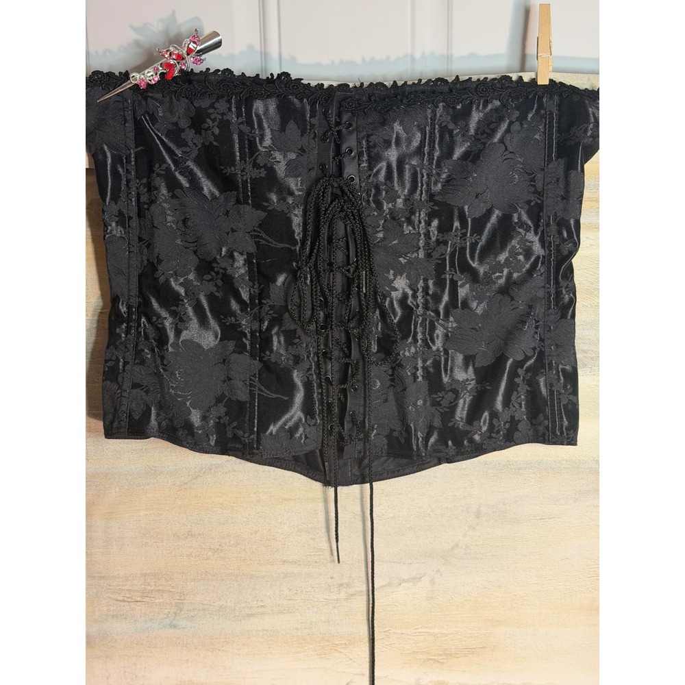 Torrid Black Satin Floral Jacquard Lace Up Boned Corset Top Vintage Style 1X
